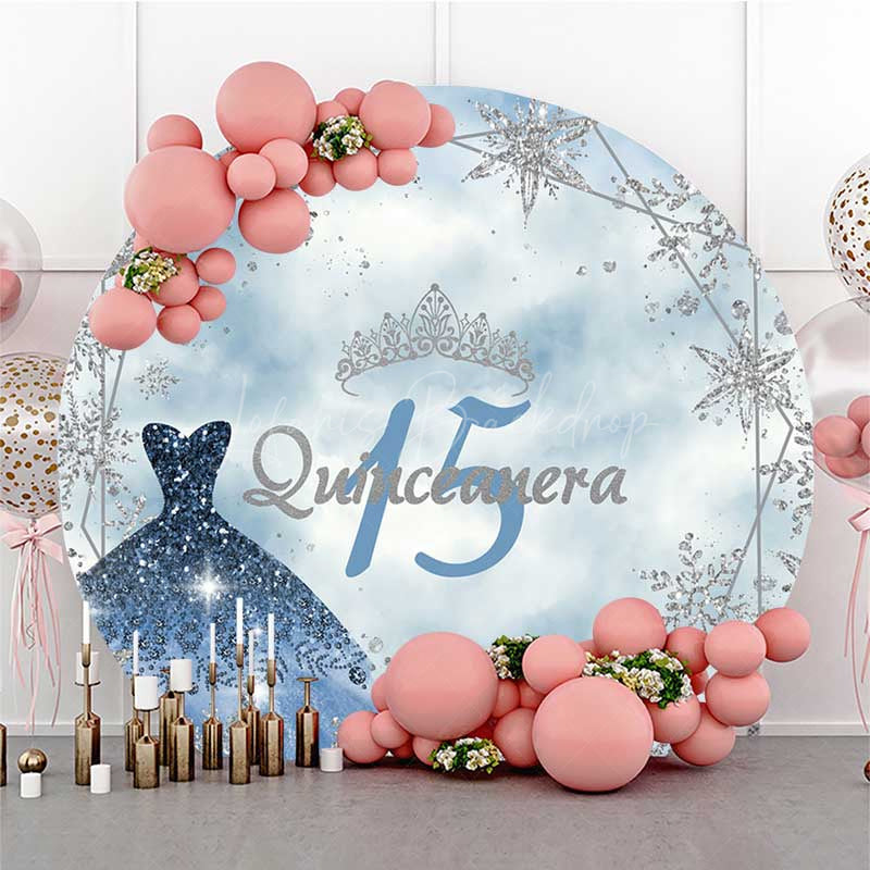 Lofaris Blue Silver Snowflake Quinceanera 15 Round Backdrop