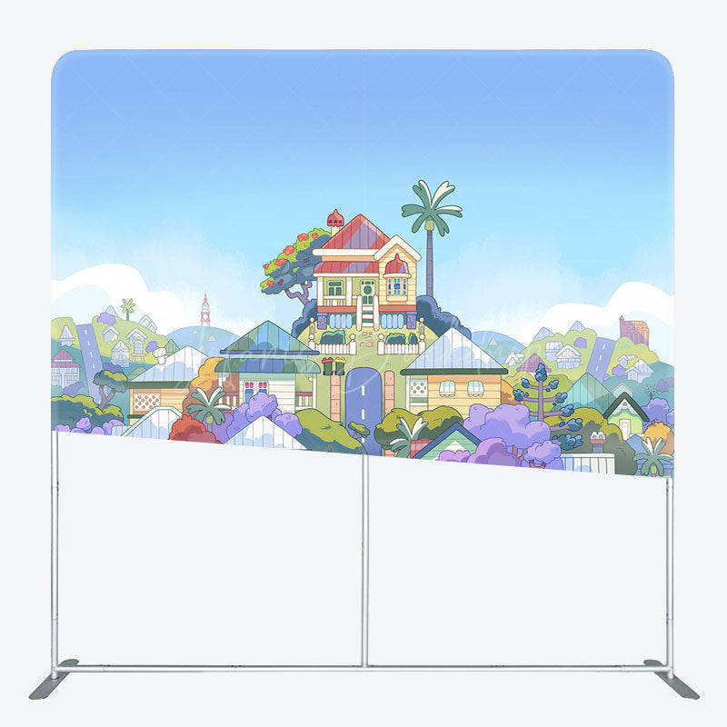 Lofaris Blue Sky Cartoon House Photo Square Tension Backdrop
