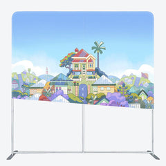 Lofaris Blue Sky Cartoon House Photo Square Tension Backdrop