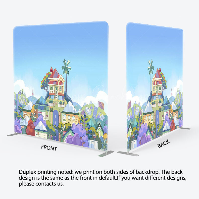 Lofaris Blue Sky Cartoon House Photo Square Tension Backdrop