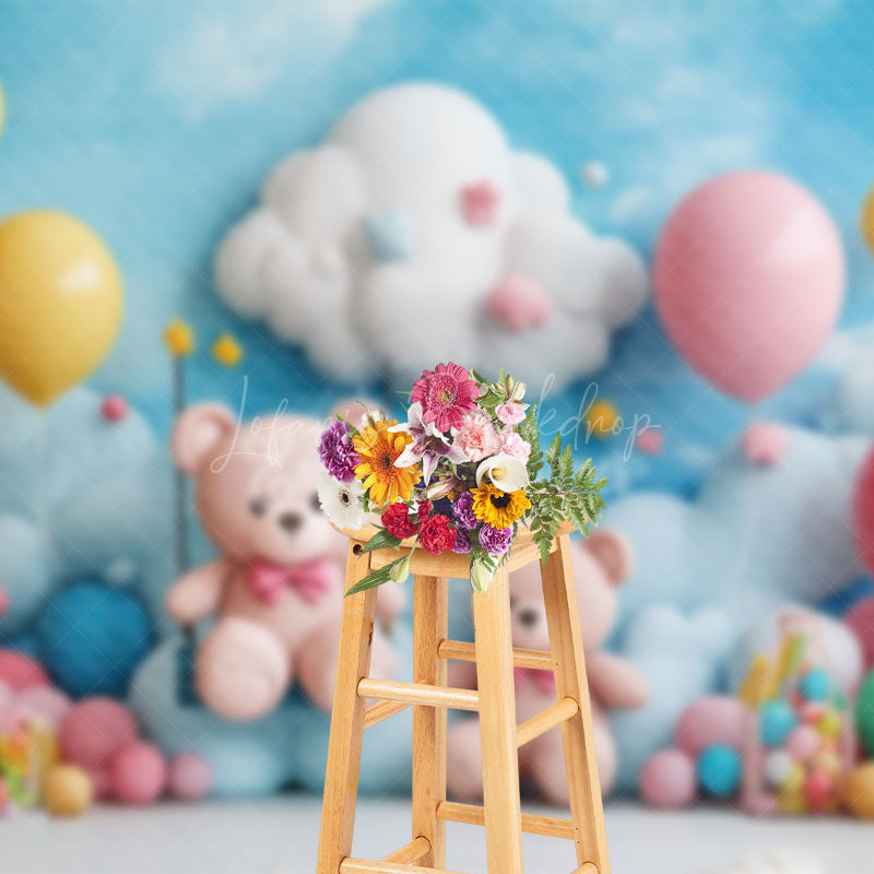 Lofaris Blue Sky Cloud Balloons Bears Cake Smash Backdrop