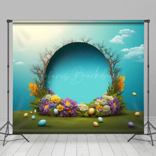 Lofaris Blue Sky Clouds Sunny Eggs Floral Easter Backdrop