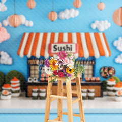 Lofaris Blue Sky Clouds Trees Sushi Store Cake Smash Backdrop