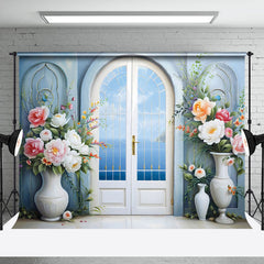 Lofaris Blue Sky Floral Window Door Wedding Photo Backdrop