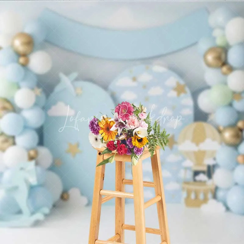 Lofaris Blue Sky Hot Air Balloon Backdrop Gold Stars Clouds Rocking Horse Photography Background Baby Shower Decoration