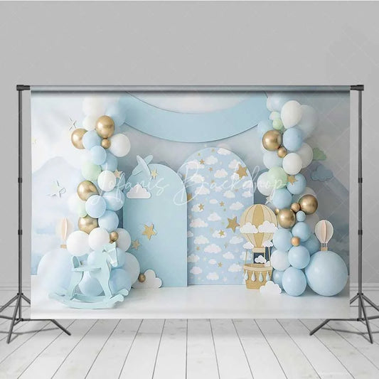 Lofaris Blue Sky Hot Air Balloon Backdrop Gold Stars Clouds Rocking Horse Photography Background Baby Shower Decoration