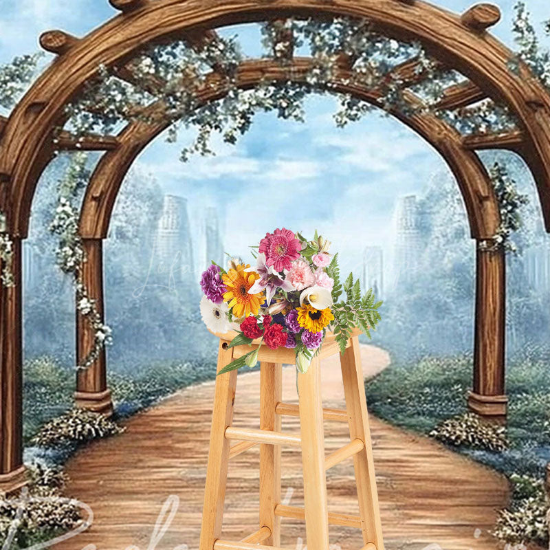 Lofaris Blue Sky Mountain Spring Floral Arch Photo Backdrop