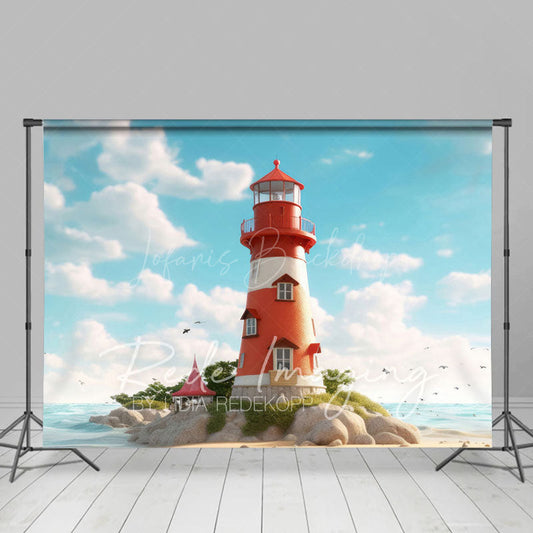 Lofaris Blue Sky Seaside Reef Lighthouse Photo Backdrop