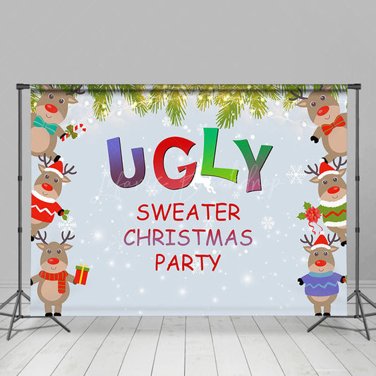 Lofaris Blue Snowy Elk Ugly Sweater Christmas Party Backdrop