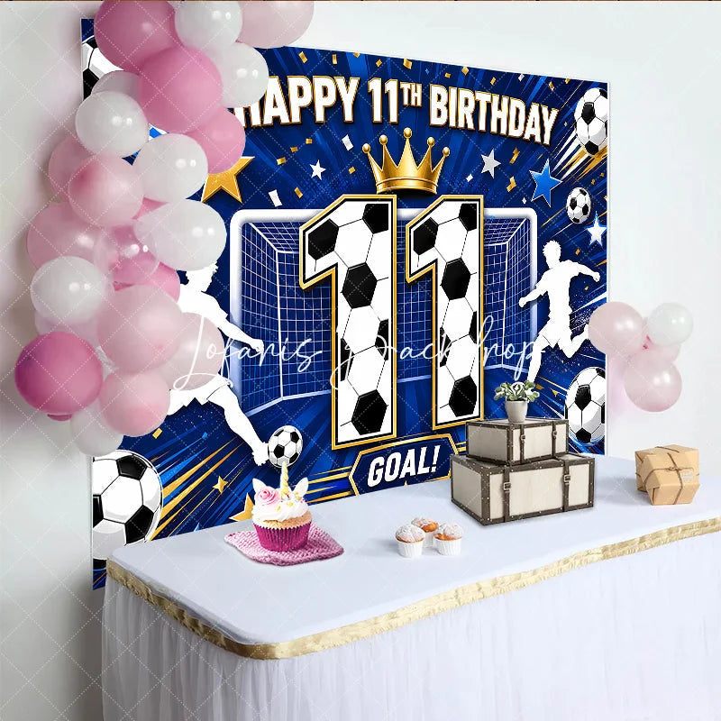 Lofaris Blue Soccer Happy 11th Birthday Backdrop Boys Sports Theme Goal Net and Player Silhouette Party Decor