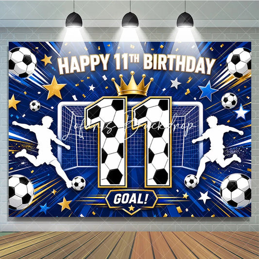 Lofaris Blue Soccer Happy 11th Birthday Backdrop Boys Sports Theme Goal Net and Player Silhouette Party Decor