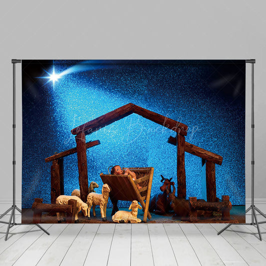 Lofaris Blue Starry Night Shed Nativity Christmas Backdrop