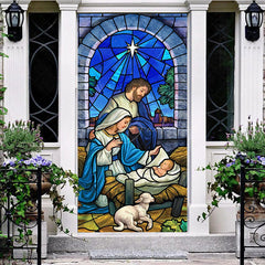 Lofaris Blue Starry Retro Glass Nativity Christmas Door Cover