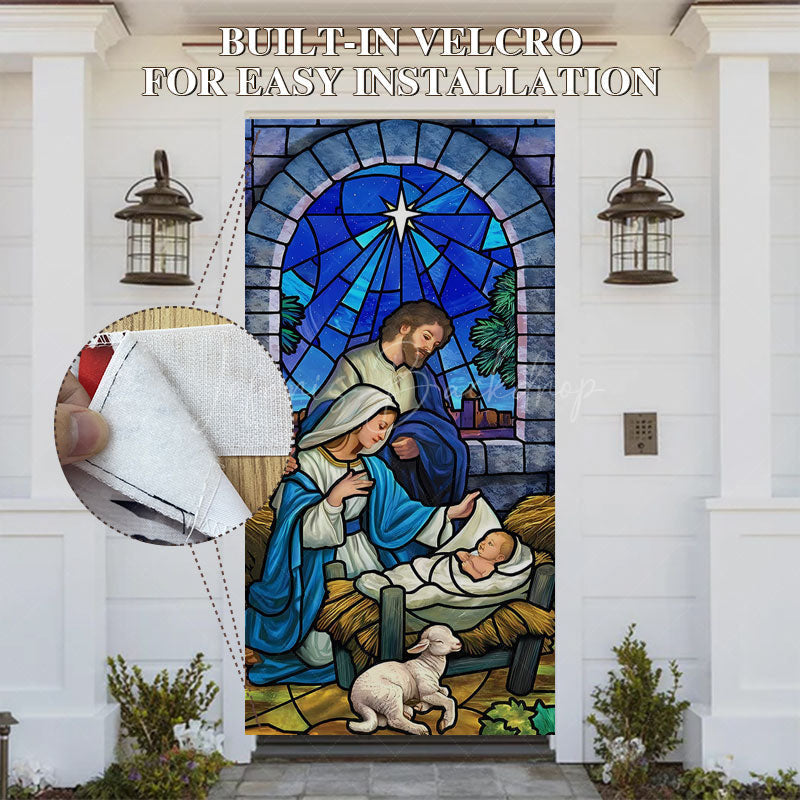 Lofaris Blue Starry Retro Glass Nativity Christmas Door Cover