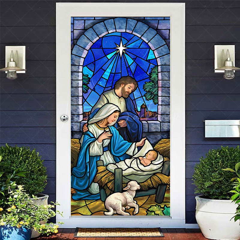 Lofaris Blue Starry Retro Glass Nativity Christmas Door Cover