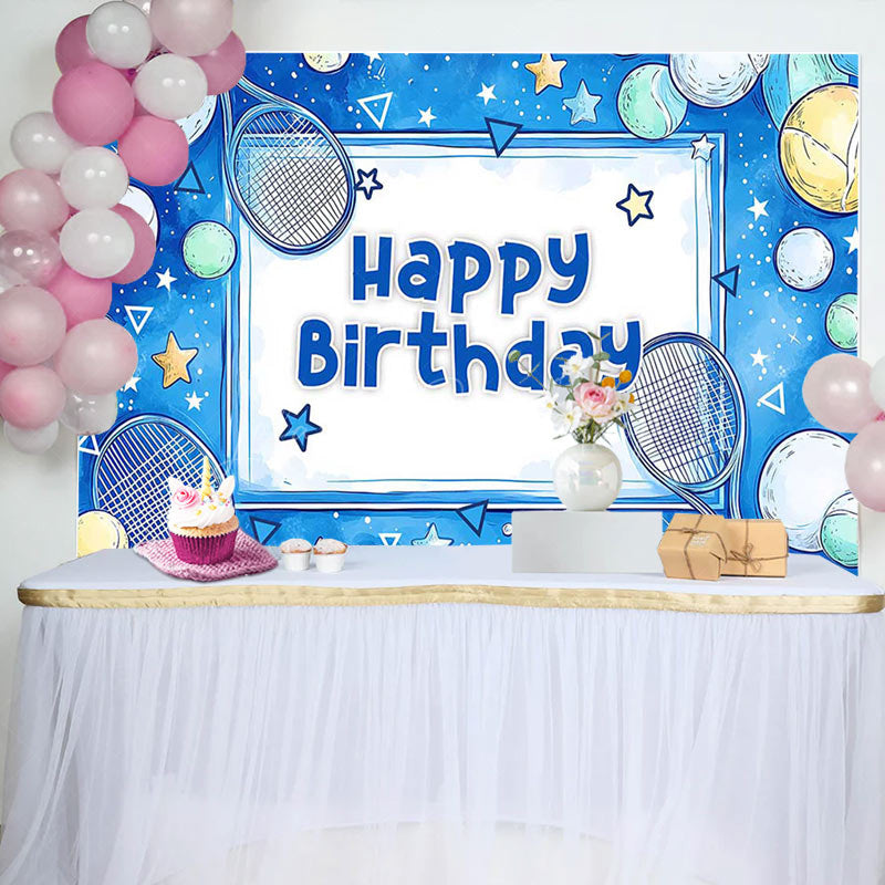 Lofaris Blue Starry Tennis Sports Happy Birthday Backdrop