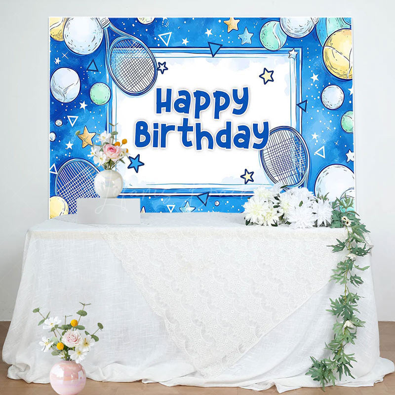 Lofaris Blue Starry Tennis Sports Happy Birthday Backdrop