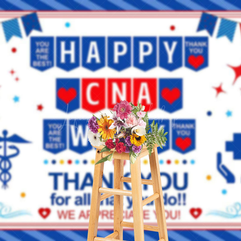 Lofaris Blue Stripe Happy CNA Week Thank You Party Backdrop