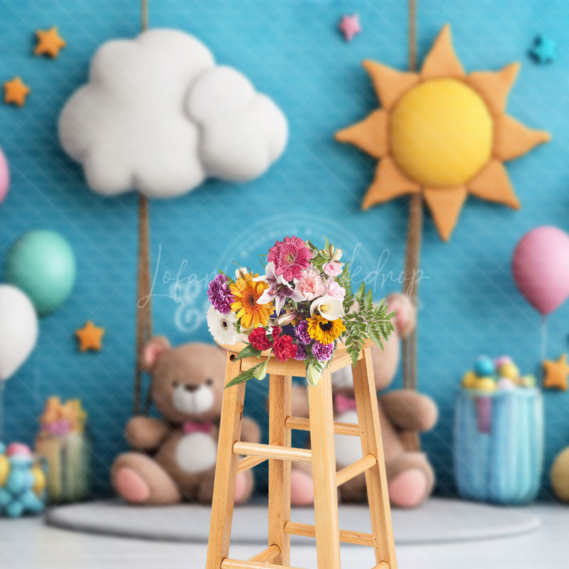 Lofaris Blue Sun Cloud Balloon Teddy Bear Cake Smash Backdrop