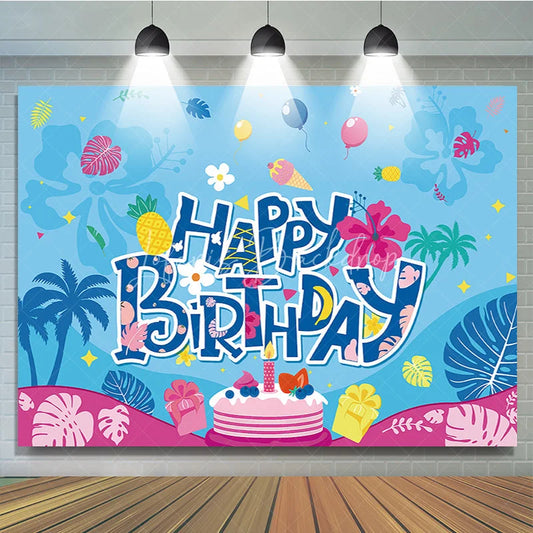 Lofaris Blue Tropical Happy Birthday Backdrop with Palm Trees Pineapple Cake and Balloons for Party Decor