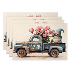 Lofaris Blue Truck Gnome Heart Set of 4 Placemats Valentine Rose Decoration Rustic Farmhouse Dining Table Mat