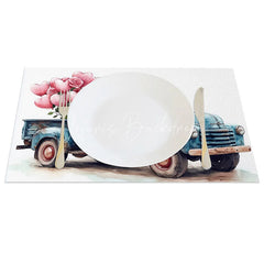 Lofaris Blue Truck Pink Heart Balloon Set of 4 Placemats Watercolor Rose Valentine Decoration Farmhouse Romance Table Mat