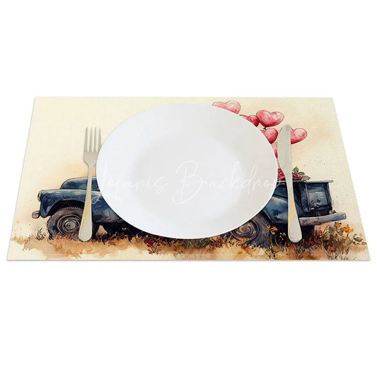 Lofaris Blue Truck Red Heart Balloon Set of 4 Placemats Valentine Rose Decoration Watercolor Romance Table Mat