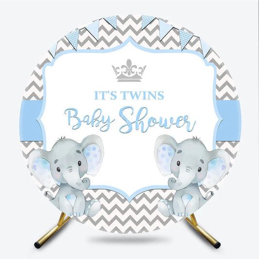 Lofaris Blue Twins Baby Shower Round Backdrop Cute Elephant Chevron Party Decoration It Is Background