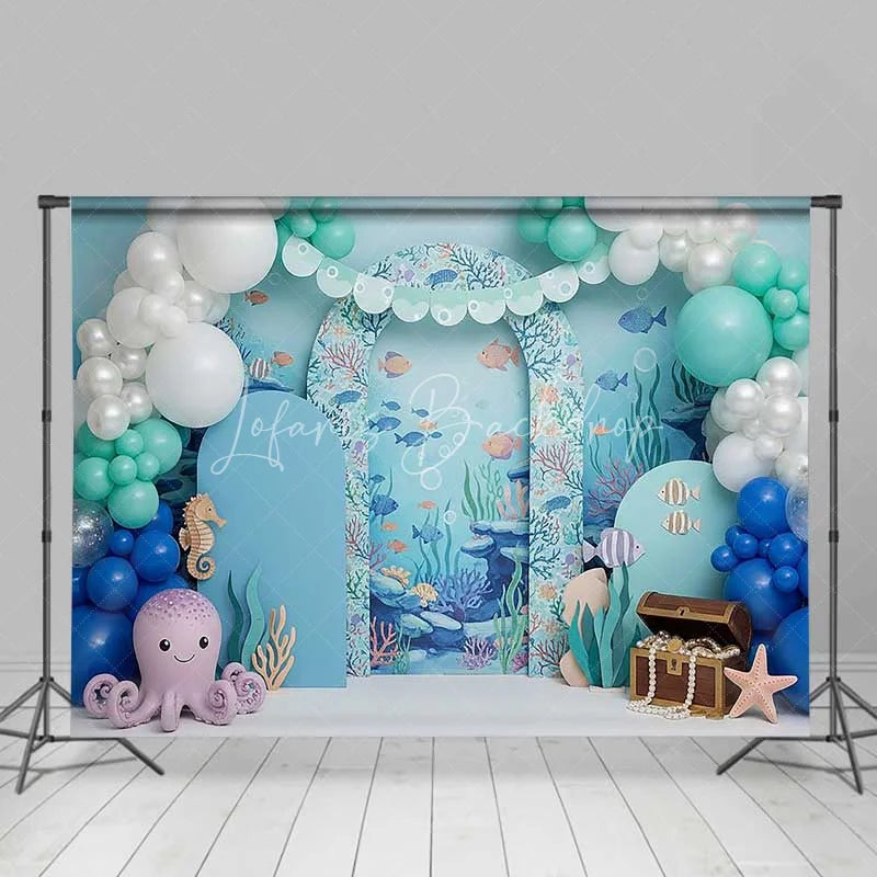 Lofaris Blue Under the Sea Ocean Combo Set Backdrop with Cute Octopus Seahorse and Treasure Chest for Kids Birthday Party