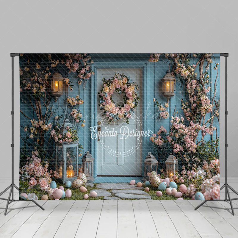Lofaris Blue Vine Flowers Eggs Door Easter Photo Backdrop