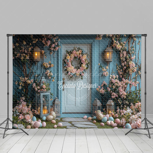 Lofaris Blue Vine Flowers Eggs Door Easter Photo Backdrop