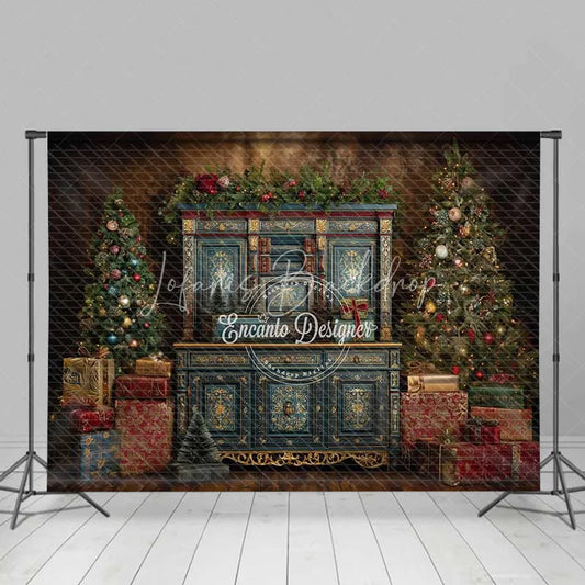 Lofaris Blue Vintage Cabinet Christmas Backdrop Gold Accent Gift Box Photography Background
