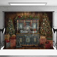Lofaris Blue Vintage Cabinet Christmas Backdrop Gold Accent Gift Box Photography Background