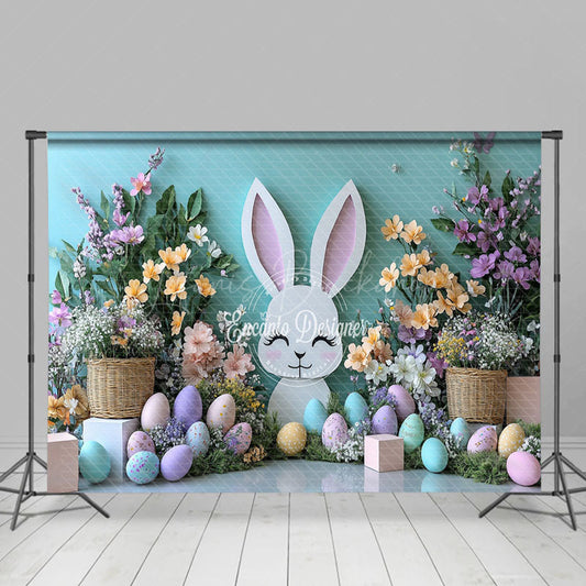 Lofaris Blue Wall Bunny Spring Floral Eggs Easter Backdrop