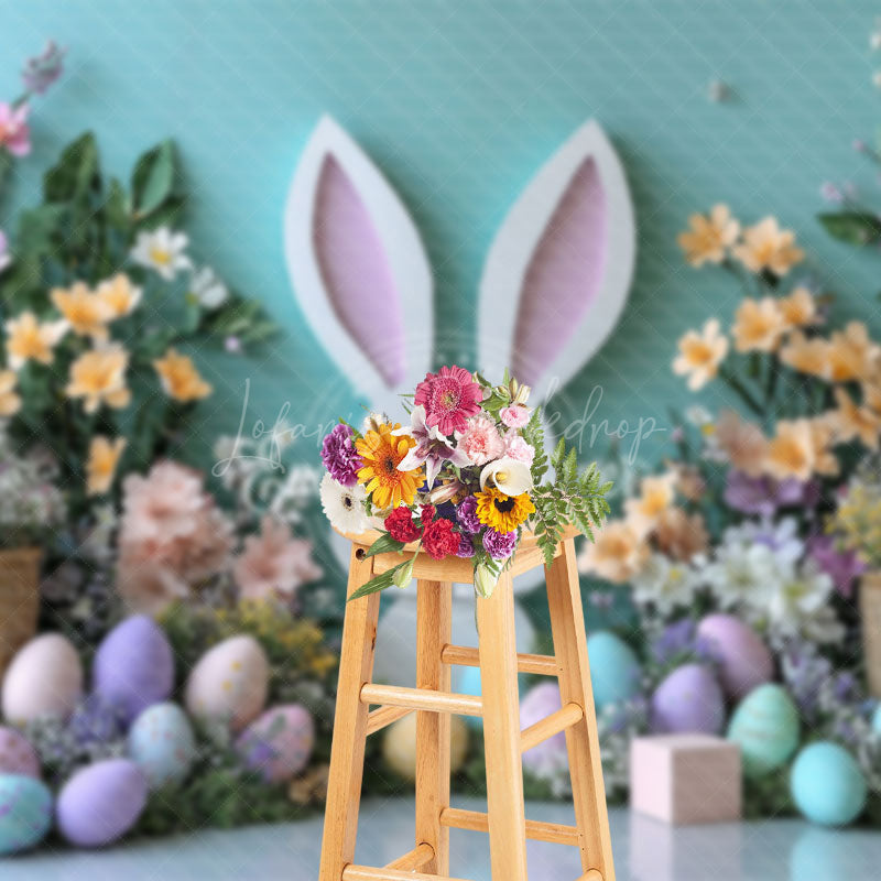 Lofaris Blue Wall Bunny Spring Floral Eggs Easter Backdrop