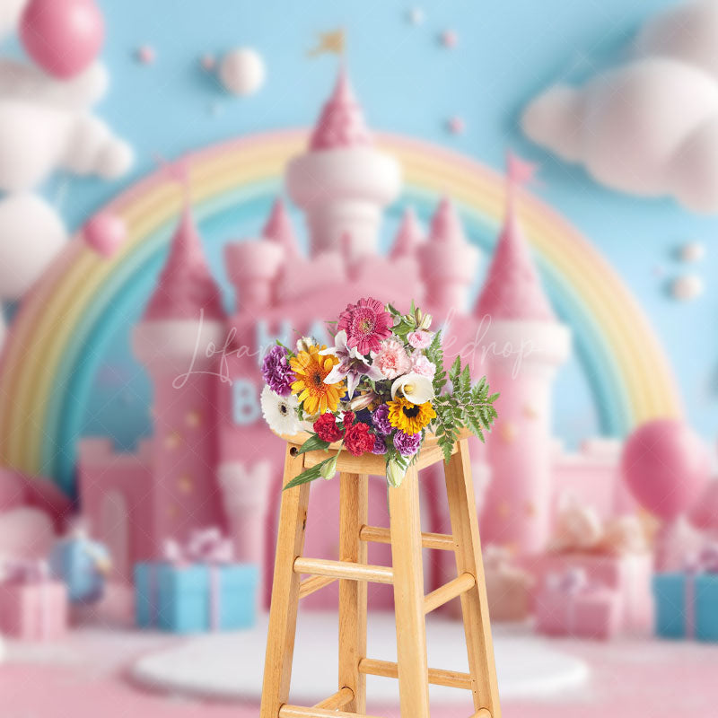 Lofaris Blue Wall Cloud Castle Rainbow Cake Smash Backdrop