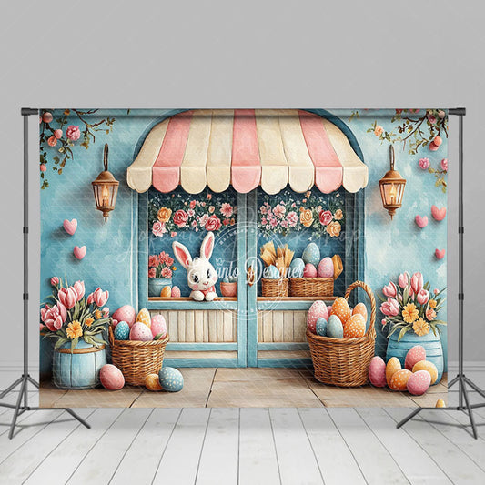 Lofaris Blue Wall Floral Eggs Bunny Easter Photo Backdrop