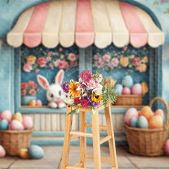 Lofaris Blue Wall Floral Eggs Bunny Easter Photo Backdrop