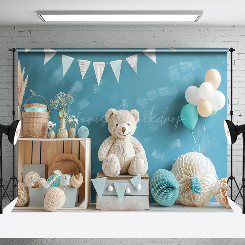 Lofaris Blue Wall Paper Ball Balloon Bear Cake Smash Backdrop