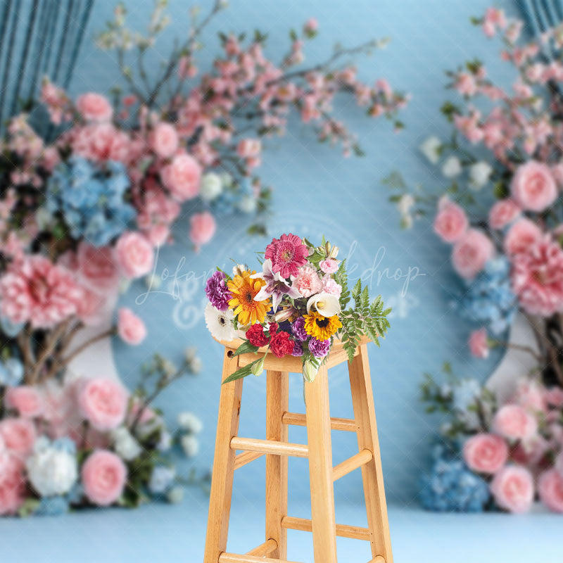 Lofaris Blue Wall Pink Floral Romantic Wedding Backdrop