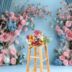 Lofaris Blue Wall Pink Floral Romantic Wedding Backdrop