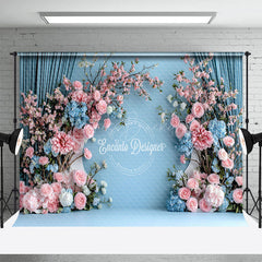 Lofaris Blue Wall Pink Floral Romantic Wedding Backdrop