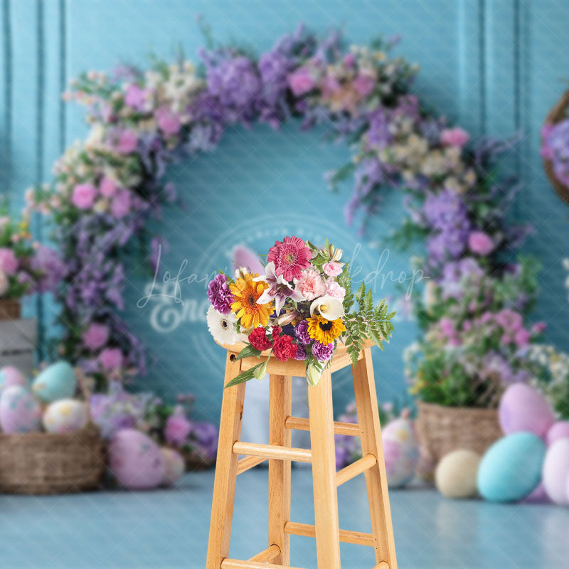 Lofaris Blue Wall Purple Floral Arch Eggs Easter Backdrop