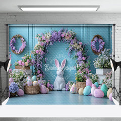 Lofaris Blue Wall Purple Floral Arch Eggs Easter Backdrop