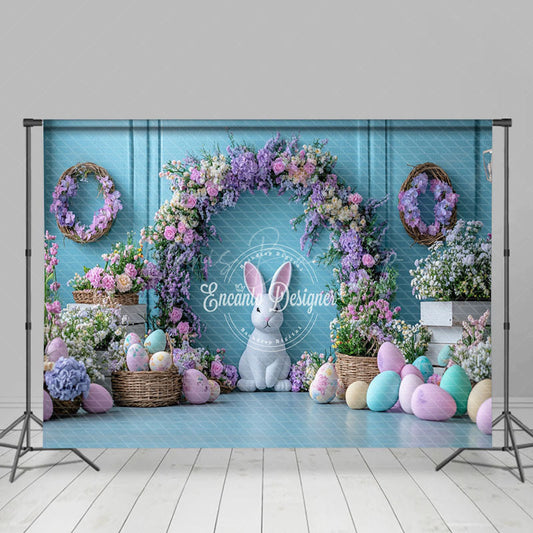 Lofaris Blue Wall Purple Floral Arch Eggs Easter Backdrop