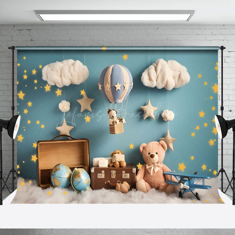 Lofaris Blue Wall Star Cloud Travel Bear Cake Smash Backdrop