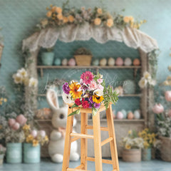 Lofaris Blue Wall Wood Egg Shelf Floral Bunny Easter Backdrop
