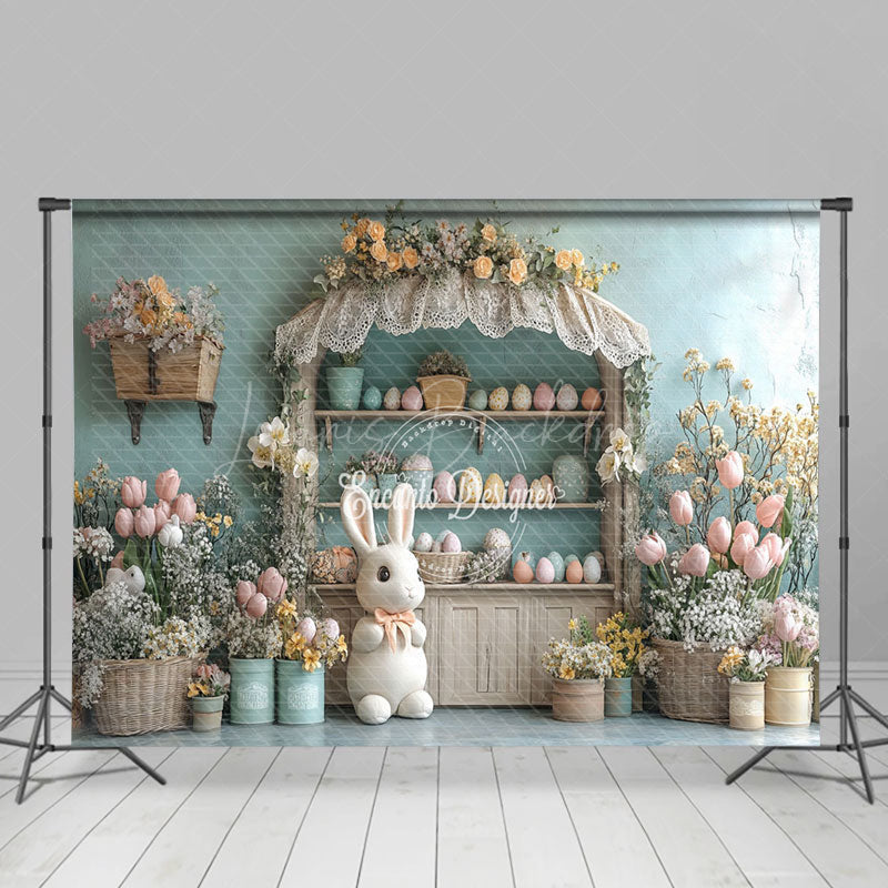 Lofaris Blue Wall Wood Egg Shelf Floral Bunny Easter Backdrop