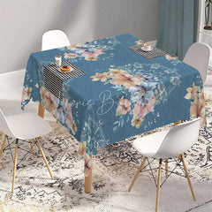 Lofaris Blue Watercolor Floral and Lace Rectangle Tablecloth Elegant Botanical Table Cover for Anniversary Party