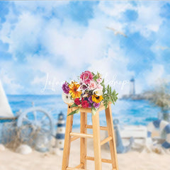 Lofaris Blue Watercolor Nautical Beach Photography Backdrop with Sailboat Lighthouse and Ship’s Wheel Summer Baby Shower Decor